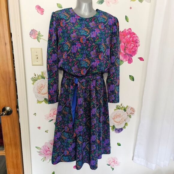 Vintage Retro Floral Purple Long Sleeve Midi Dress Shoulder Pads Sash Belt Sz 12 - Picture 2 of 8